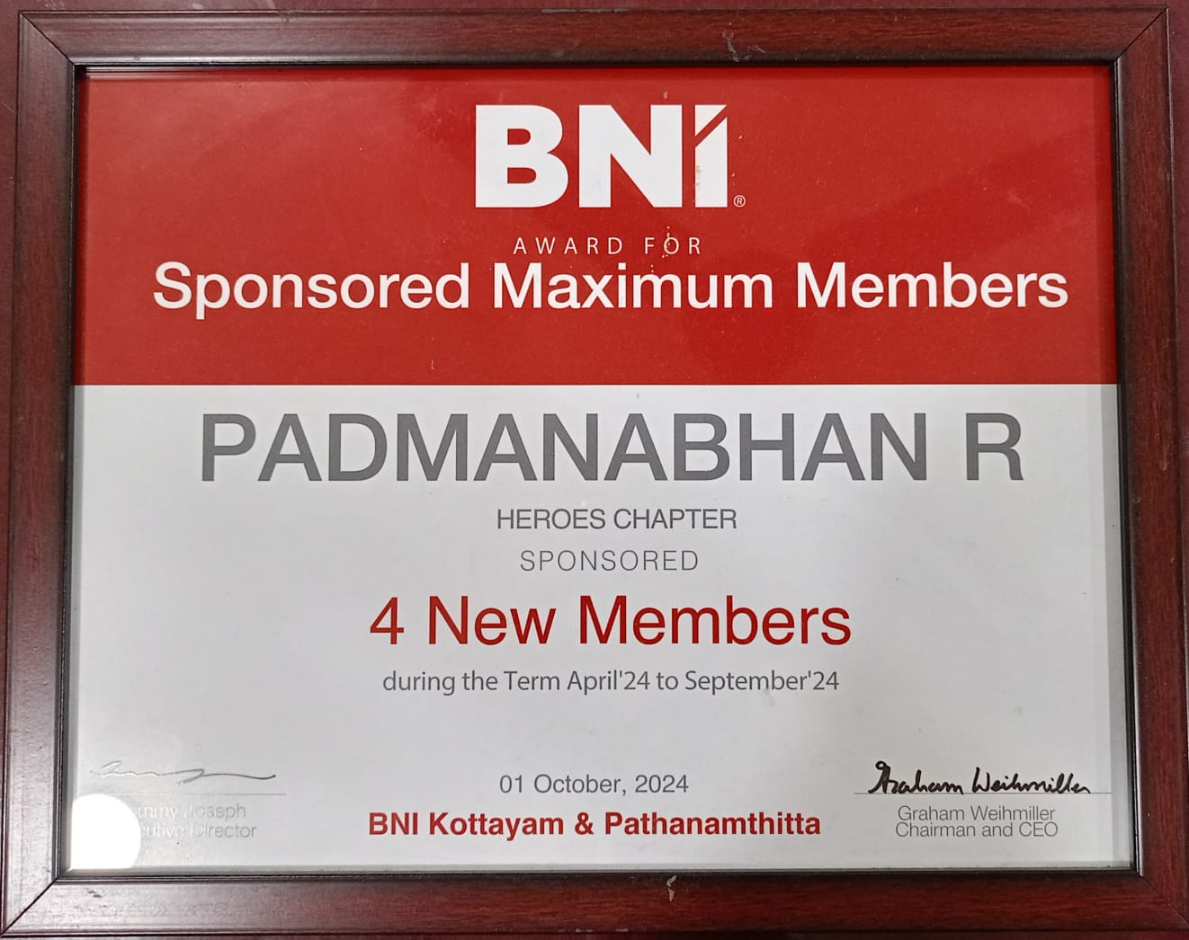 BNI Award For Sponsored Maximum Member